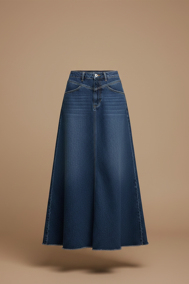 Pantalon Jupe Denim Longue Évasée Brut Taille Haute - Bleu Jean - vue 3