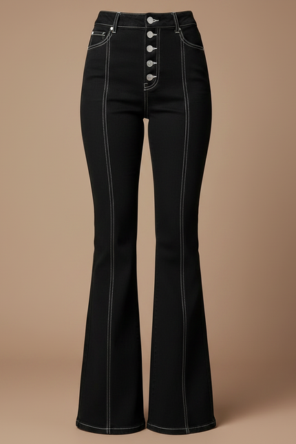 Pantalon Jupe Noir Denim Évasé Surpiqûres Blanches - Jean - vue 3