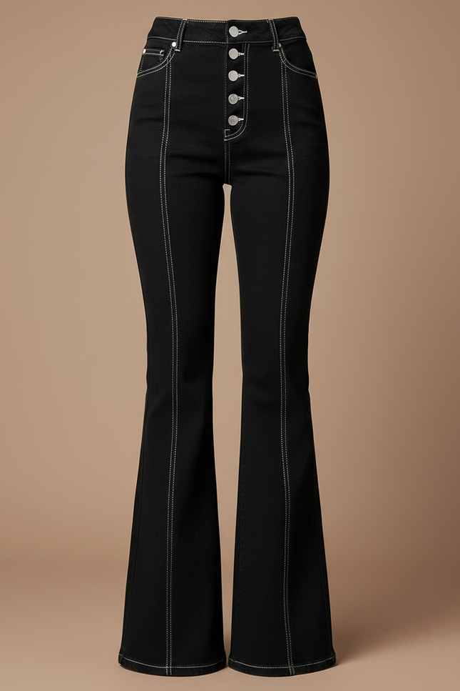 Pantalon Jupe Noir Denim Évasé Surpiqûres Blanches - Jean - vue 3