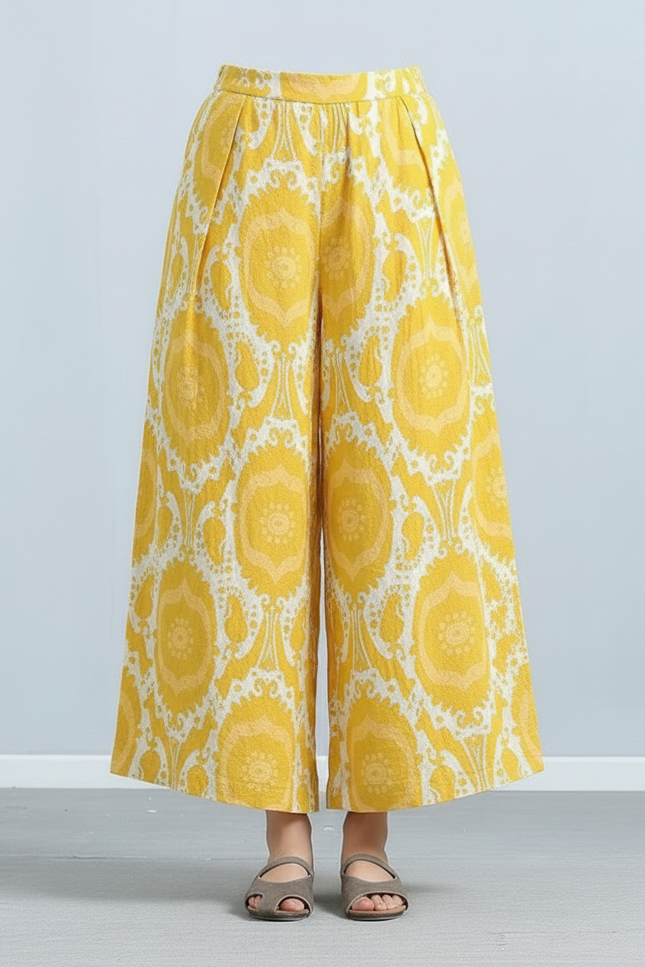 Pantalon Jupe Jaune Lin Ample Motif Ethnique Décontracté - vue 3