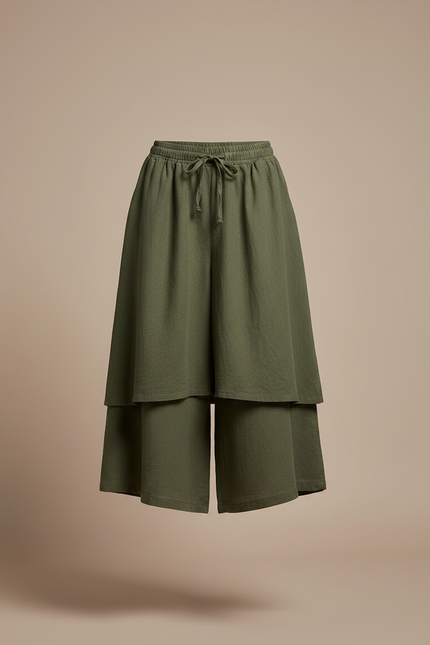 Pantalon Jupe Vert Militaire Ample Lin Superposé Décontracté - Kaki - vue 3