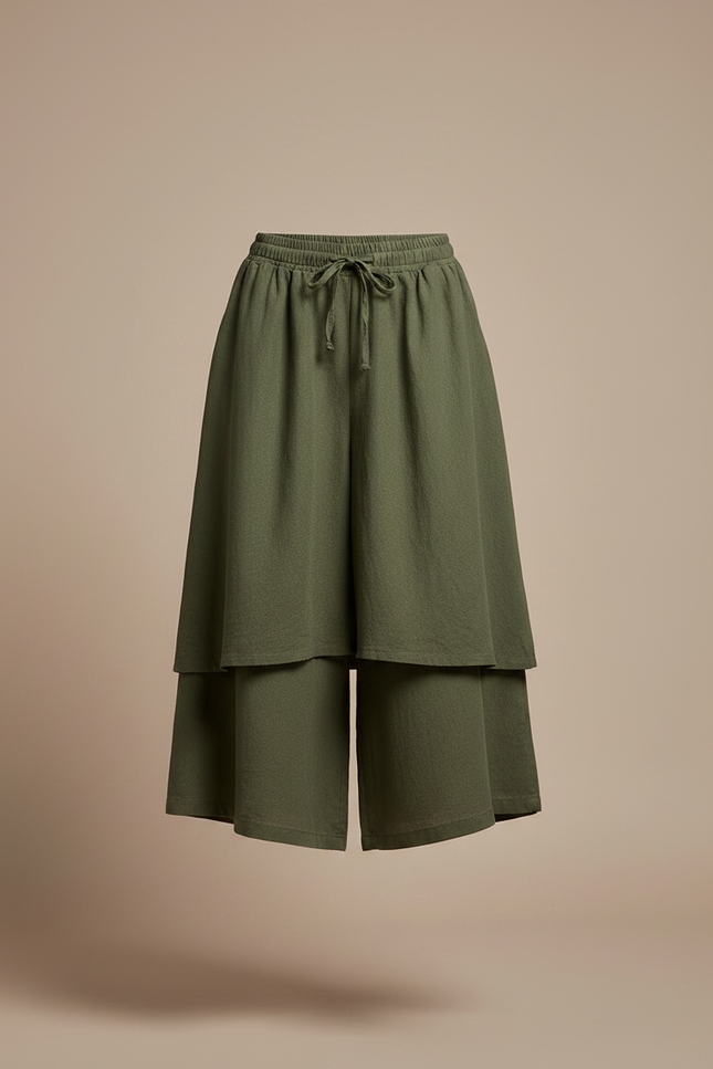 Pantalon Jupe Vert Militaire Ample Lin Superposé Décontracté - Kaki - vue 3
