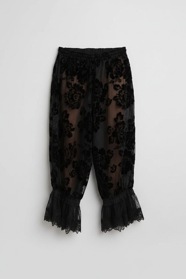 Pantalon Jupe Noir Transparent Fleuri Dentelle Volants - Velours