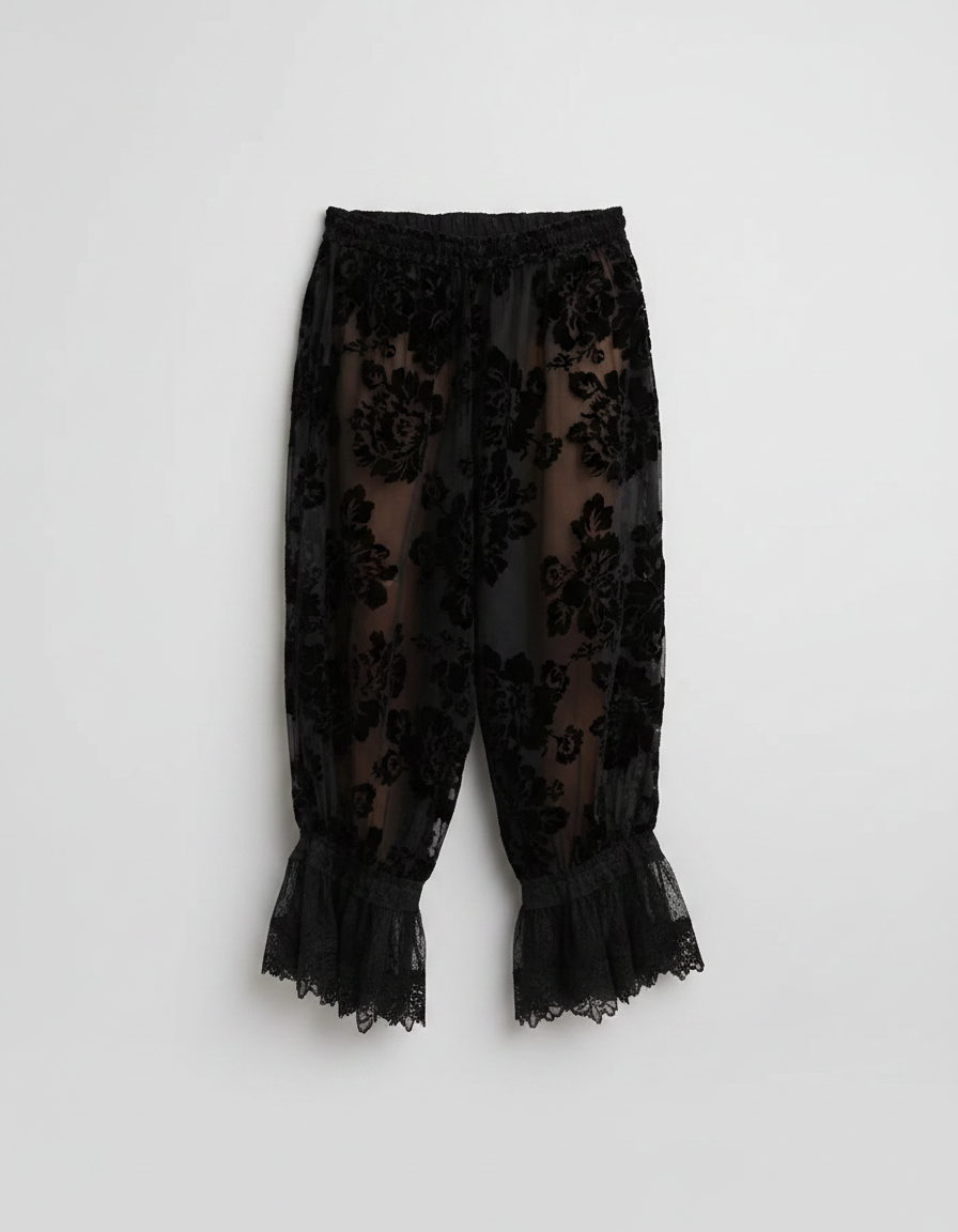 Pantalon Jupe Noir Transparent Fleuri Dentelle Volants - Velours