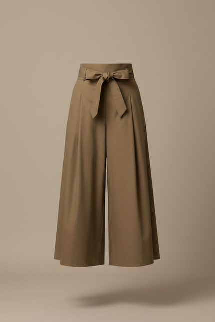 Pantalon Jupe Marron Plissé Longue Ceinture Nœud Élégante - Kaki Gabardine - vue 3