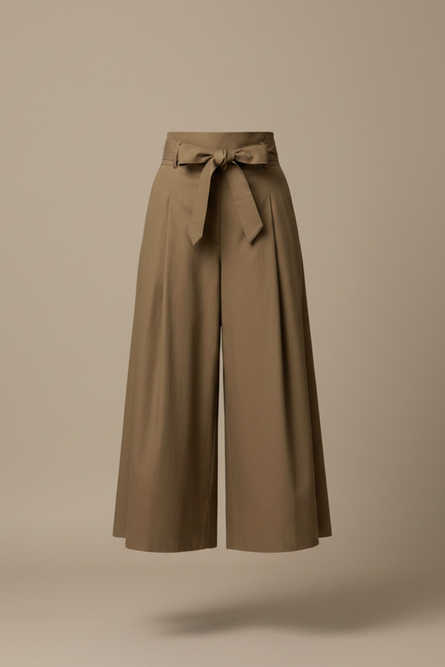 Pantalon Jupe Marron Plissé Longue Ceinture Nœud Élégante - Kaki Gabardine - vue 3
