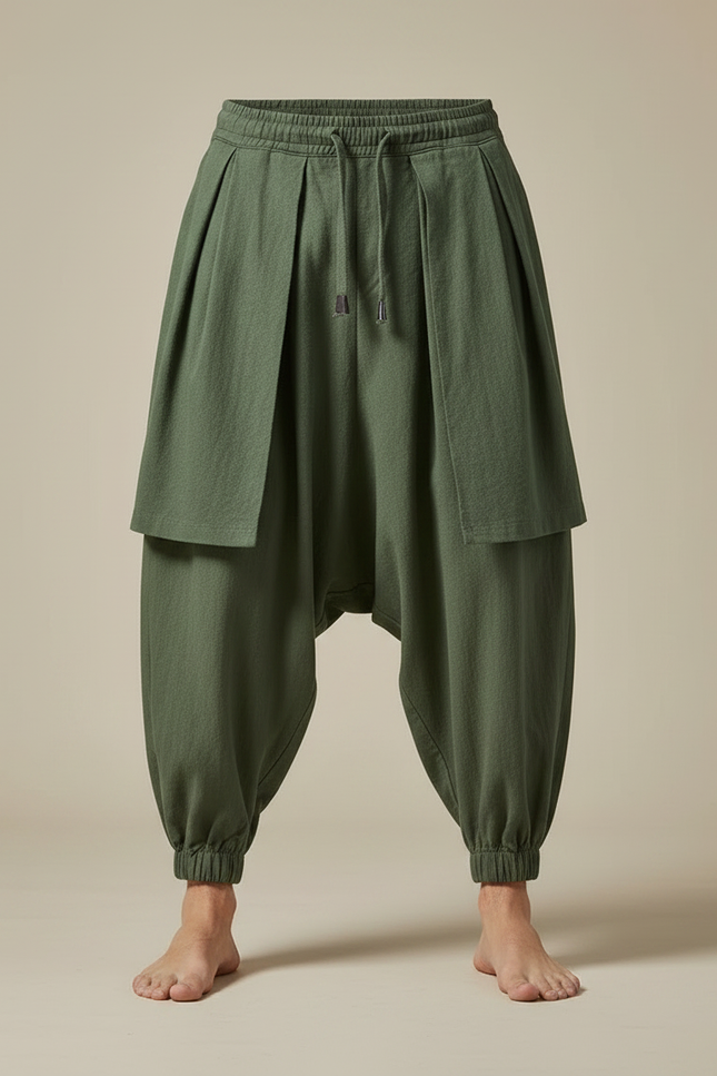 Pantalon Jupe Homme Vert Ample Coton Lin - vue 3