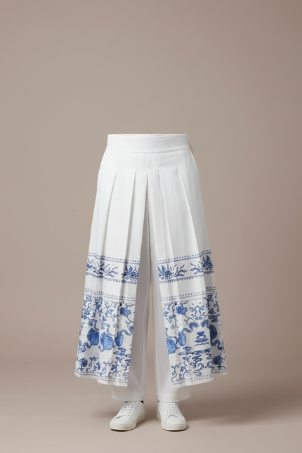 Pantalon Jupe Blanc Plissé Imprimé Bleu Homme Décontracté - Coton - vue 3