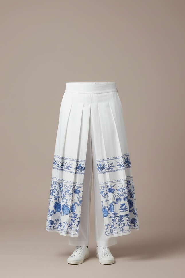 Pantalon Jupe Blanc Plissé Imprimé Bleu Homme Décontracté - Coton - vue 3