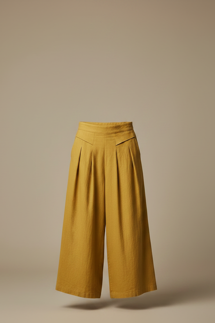 Pantalon Jupe Jaune Lin Ample Plissé Décontracté - vue 3