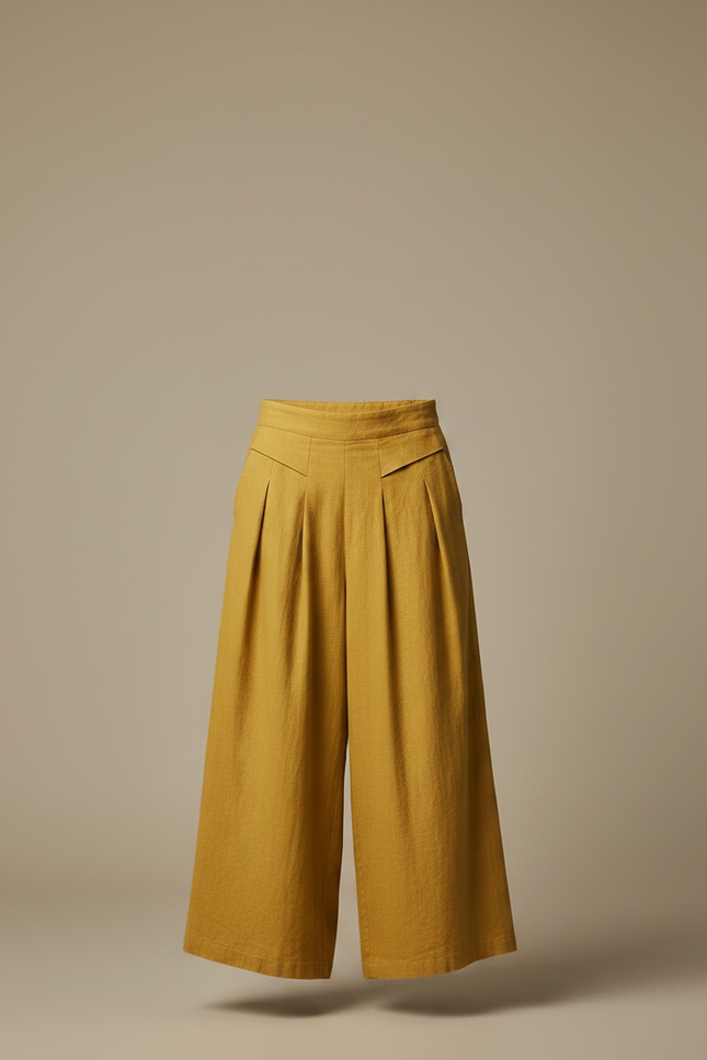 Pantalon Jupe Jaune Lin Ample Plissé Décontracté - vue 3