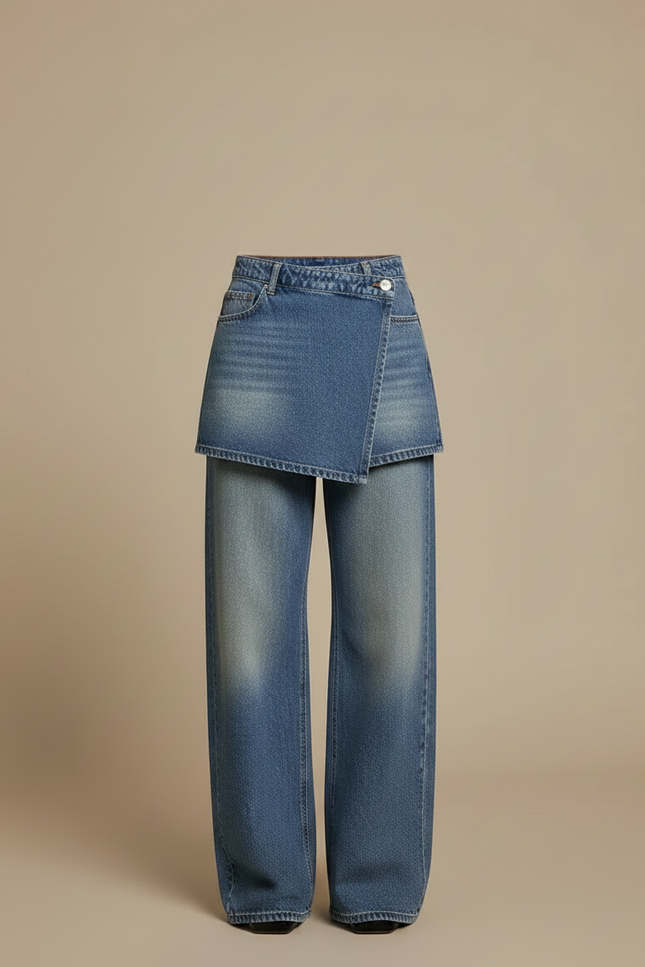 Pantalon Jupe Jean Bleu Large Déstructuré Décontracté - vue 3