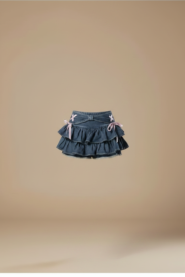 Pantalon Jupe Denim Volants Rose Kawaii Mini - Bleu Jean - vue 3