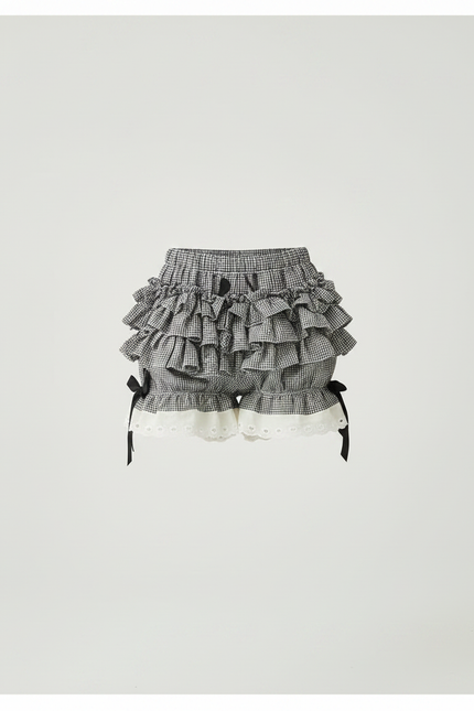 Pantalon Jupe Gingham Volants Dentelle Nœuds Mignon Enfant - Gris Coton - vue 3