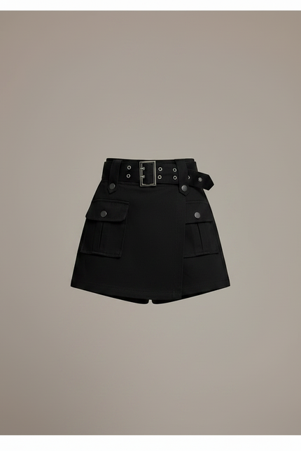 Pantalon Jupe Noir Ceinturé Cargo Décontracté Court - Gabardine - vue 3