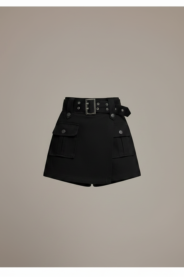 Pantalon Jupe Noir Ceinturé Cargo Décontracté Court - Gabardine - vue 3
