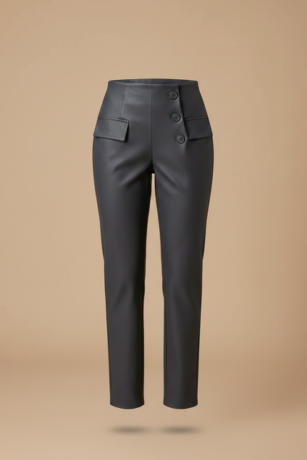 Pantalon Jupe Gris Asymétrique Similicuir Boutons Élégant - Simili cuir - vue 3
