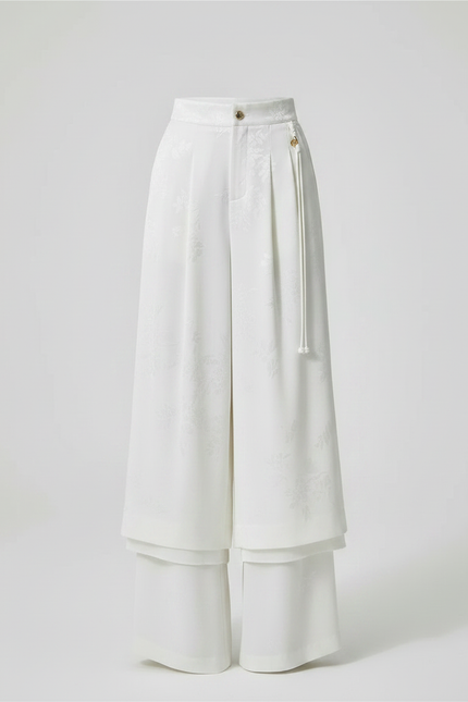 Pantalon Jupe Blanc Jacquard Satin Ample Élégant - vue 3