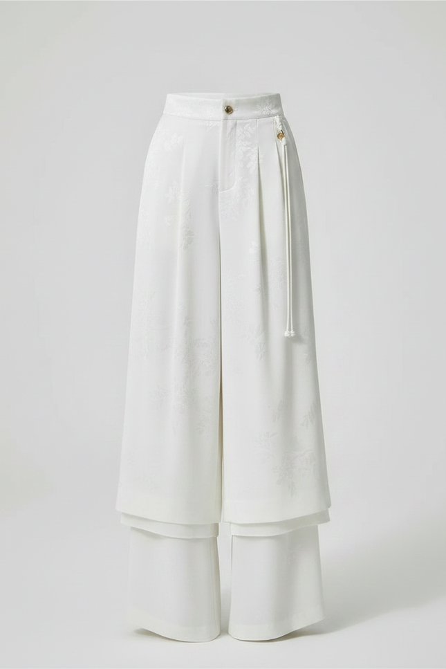 Pantalon Jupe Blanc Jacquard Satin Ample Élégant - vue 3