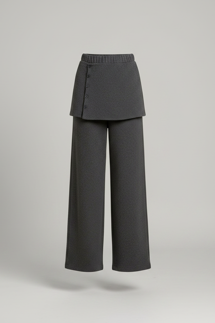 Pantalon Jupe Gris Maille Douce Évasé Boutonné Chic - vue 3