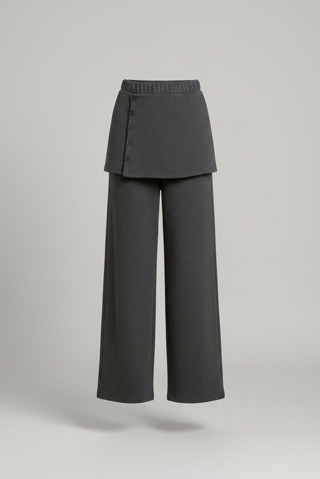Pantalon Jupe Gris Maille Douce Évasé Boutonné Chic - vue 3
