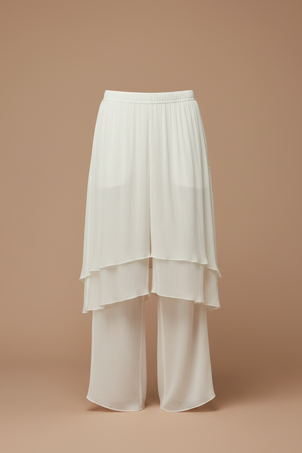 Pantalon Jupe Blanc Plissé Superposé Fluide Ample - Polyester - vue 3