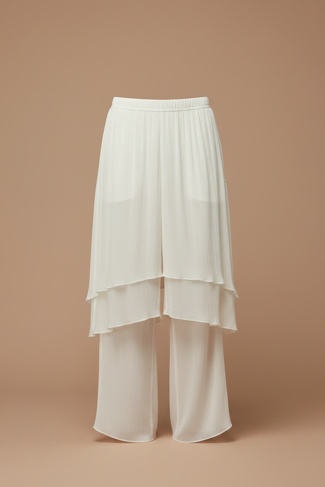 Pantalon Jupe Blanc Plissé Superposé Fluide Ample - Polyester - vue 3