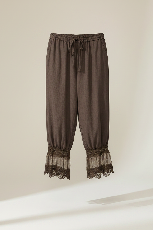 Pantalon Jupe Marron Ample Dentelle Bohème - Lin - vue 3