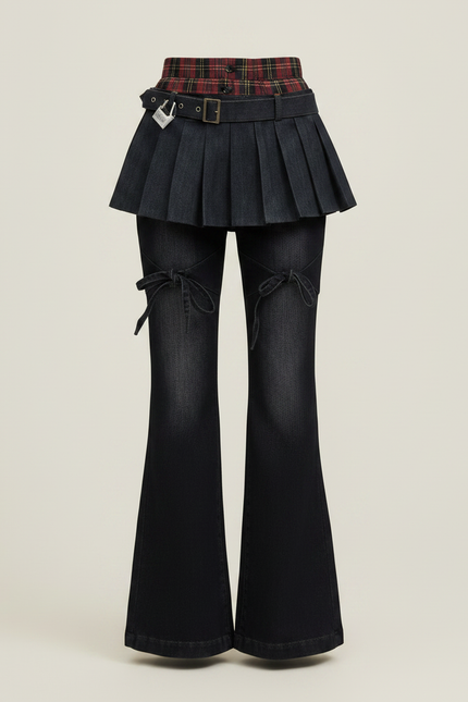 Pantalon Jupe Denim Plissé Évasé Plaid Cyberpunk - Marine Jean - vue 3