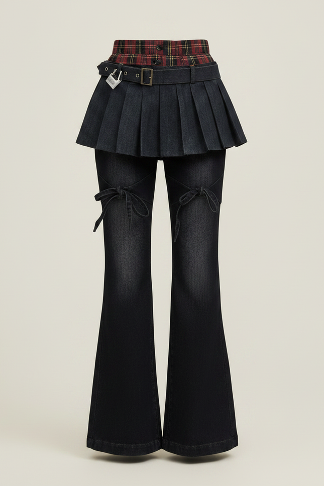 Pantalon Jupe Denim Plissé Évasé Plaid Cyberpunk - Marine Jean - vue 3