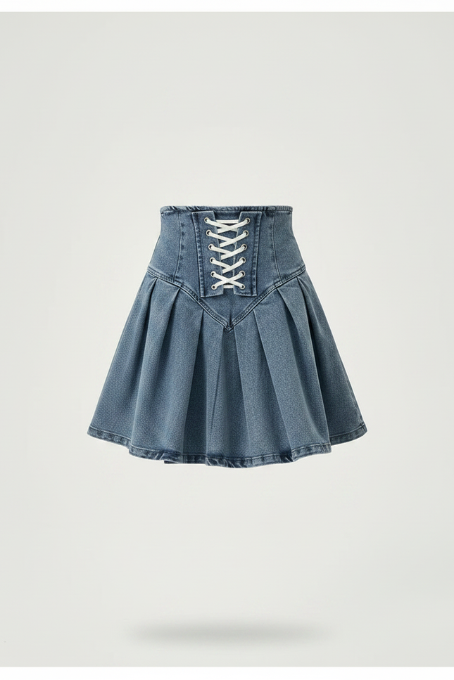 Pantalon Jupe Denim Plissé Taille Haute Lacets Fille - Bleu Jean - vue 3