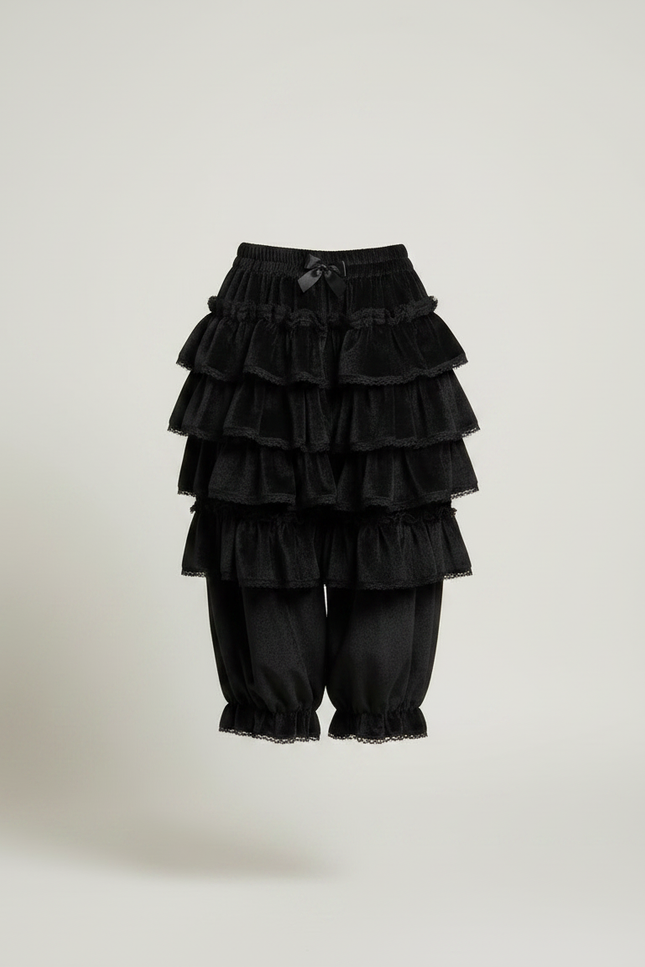Pantalon Jupe Noir Volants Dentelle Velours Doux Élégant - vue 3