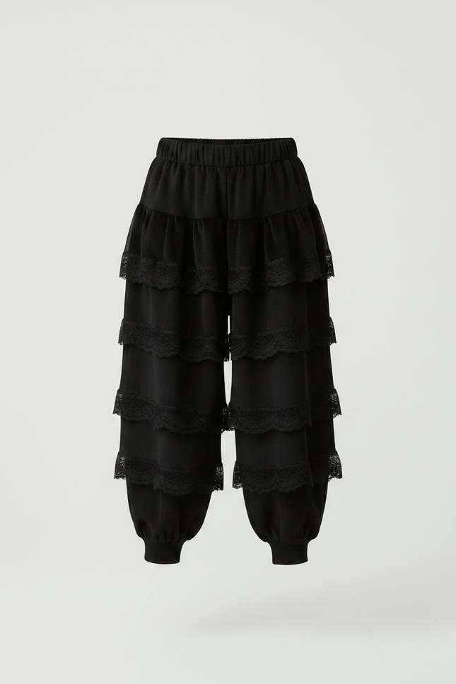 Pantalon Jupe Noir Volants Dentelle Ample Confortable - Viscose - vue 3