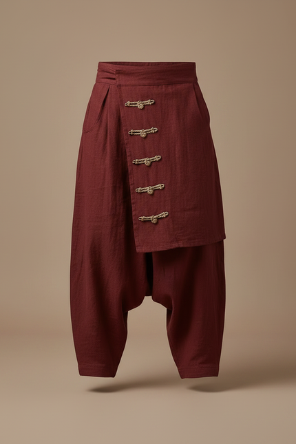 Pantalon Jupe Homme Lin Ample Rouge Ethnique Plissé - Bordeaux - vue 3
