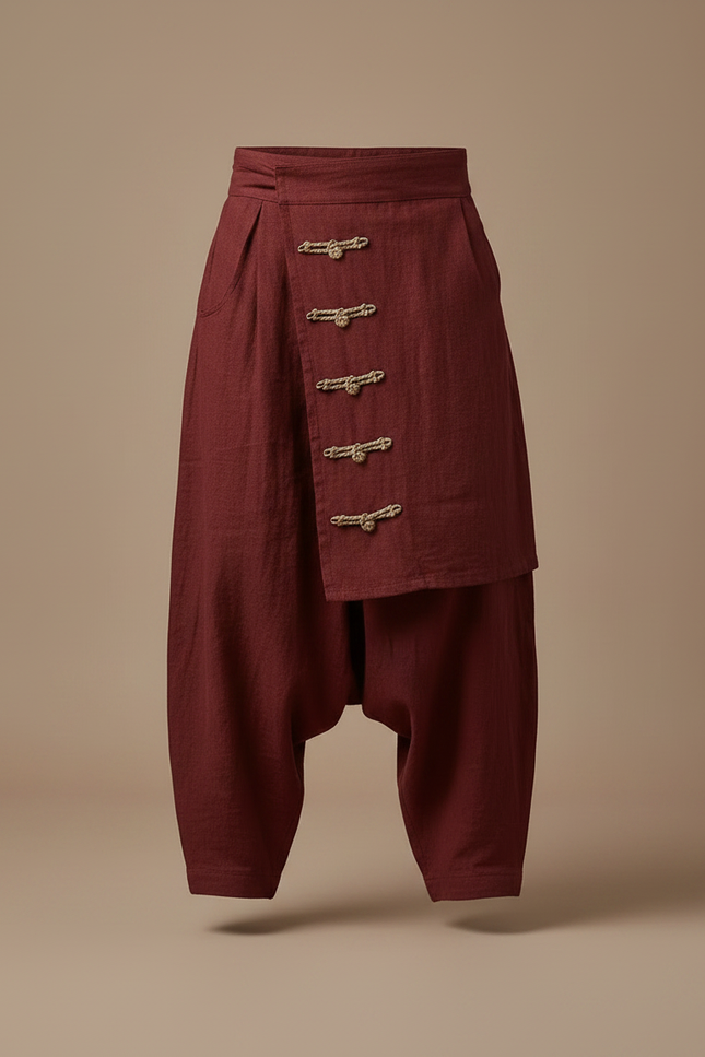 Pantalon Jupe Homme Lin Ample Rouge Ethnique Plissé - Bordeaux - vue 3