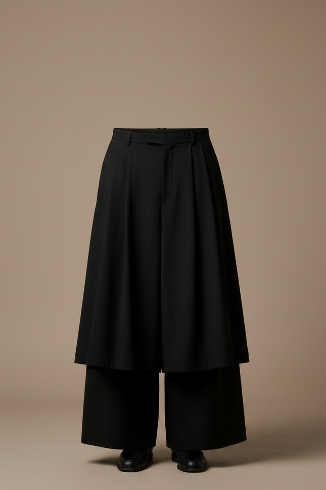 Pantalon Jupe Noir Plissé Ample Superposé Unisexe - Polyester - vue 3