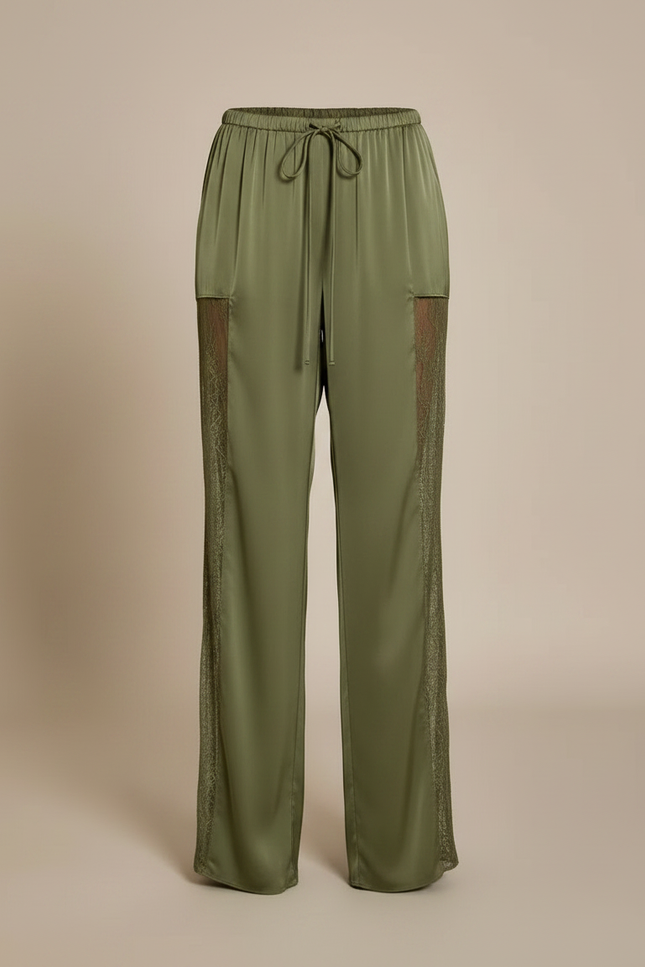 Pantalon Jupe Vert Satin Dentelle Ample Fluide Élégant - Kaki - vue 3