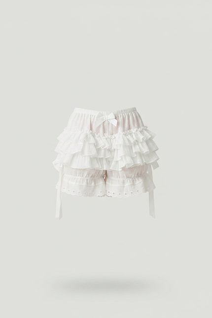 Pantalon Jupe Blanc Volants Superposés Rubans Fille - Coton - vue 3
