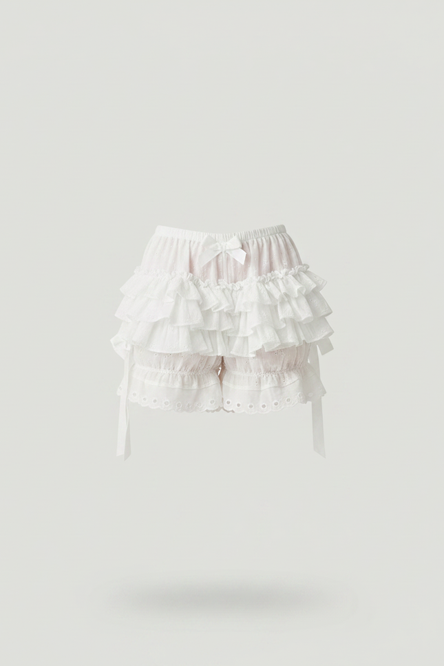 Pantalon Jupe Blanc Volants Superposés Rubans Fille - Coton - vue 3
