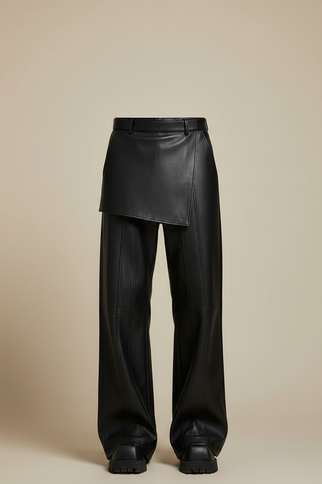 Pantalon Jupe Noir Cuir Ample Asymétrique Moderne - vue 3
