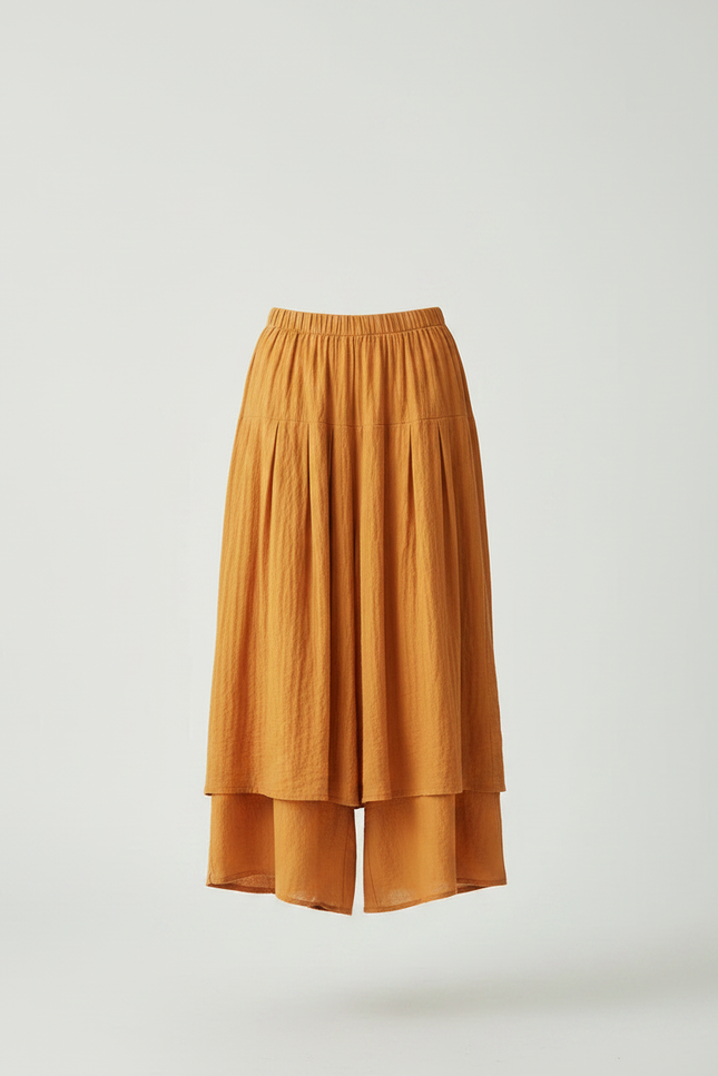 Pantalon Jupe Orange Lin Ample Superposé Plissé Femme - vue 3