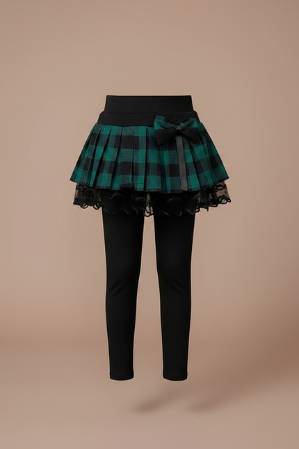 Pantalon Jupe Carreaux Vert Plissé Chaud Fille - Noir Maille - vue 3
