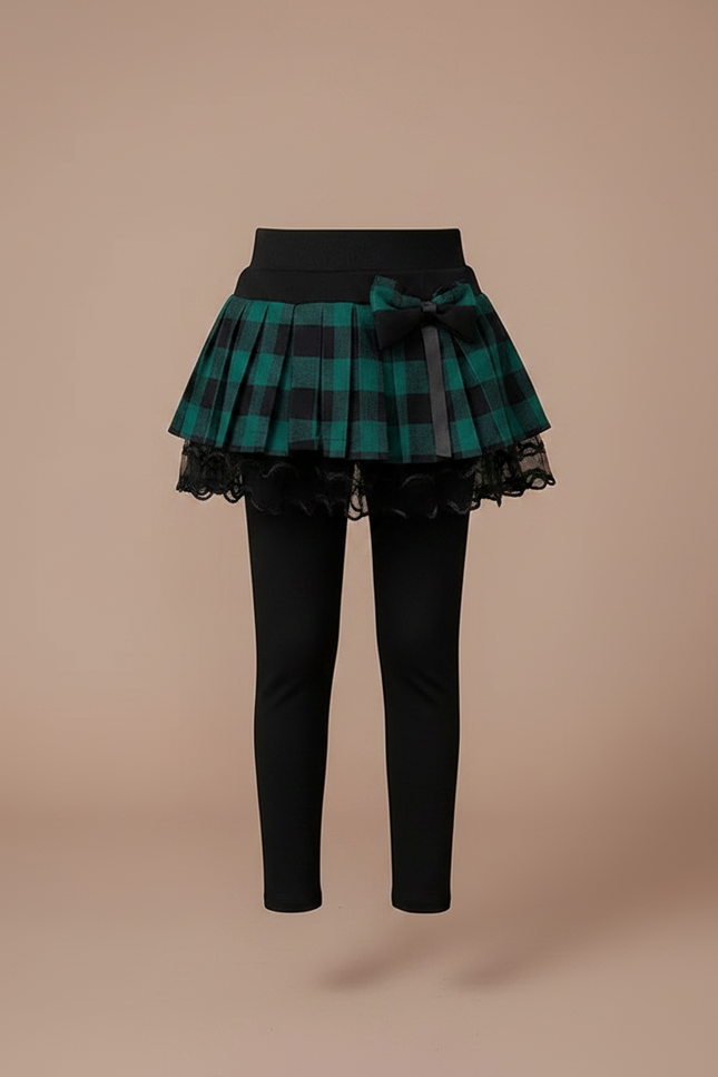 Pantalon Jupe Carreaux Vert Plissé Chaud Fille - Noir Maille - vue 3