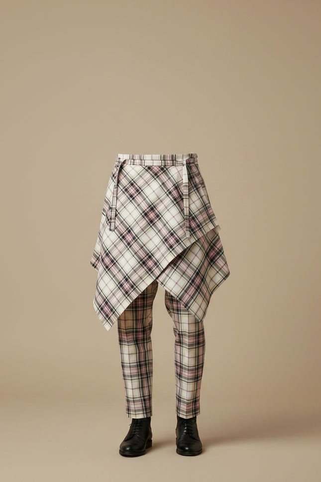 Pantalon Jupe Écossais Asymétrique Plaid Homme Femme - Multicolore Coton - vue 3