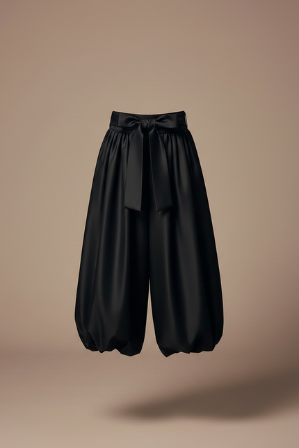 Pantalon Jupe Noir Satiné Bouffant Nœud Élégant - vue 3