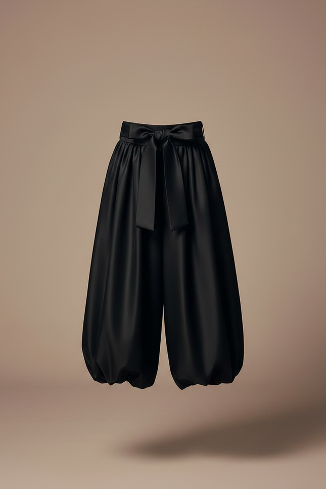 Pantalon Jupe Noir Satiné Bouffant Nœud Élégant - vue 3