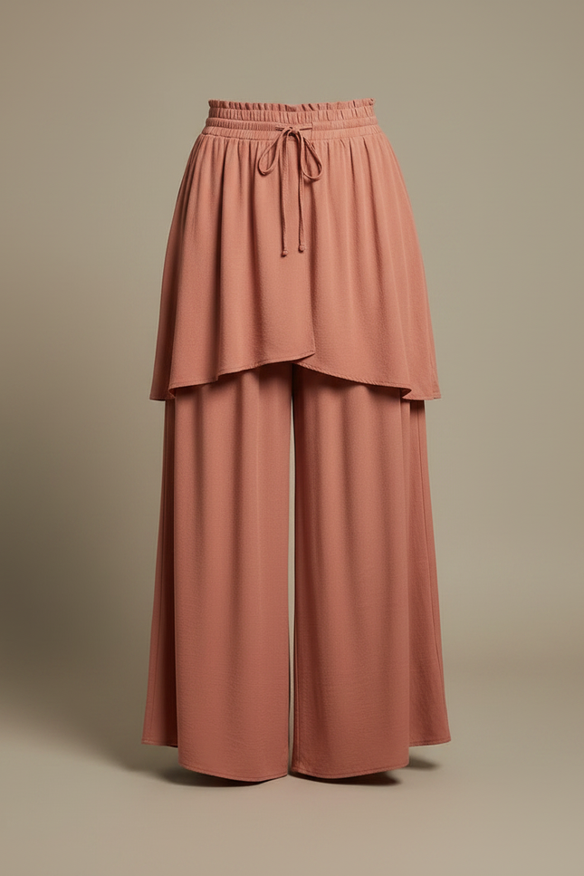 Pantalon Jupe Terracotta Ample Fluide Superposé Élégant - Marron Viscose - vue 3