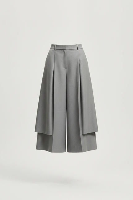 Pantalon Jupe Gris Plissé Ample Élégant Superposé - Gabardine - vue 3
