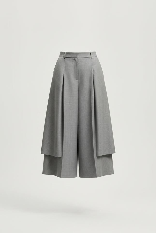 Pantalon Jupe Gris Plissé Ample Élégant Superposé - Gabardine - vue 3