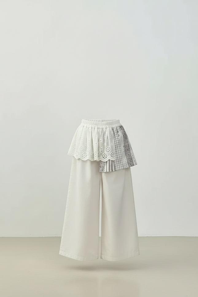 Pantalon Jupe Blanc Brodé Ample Décontracté Enfant - Toile - vue 3